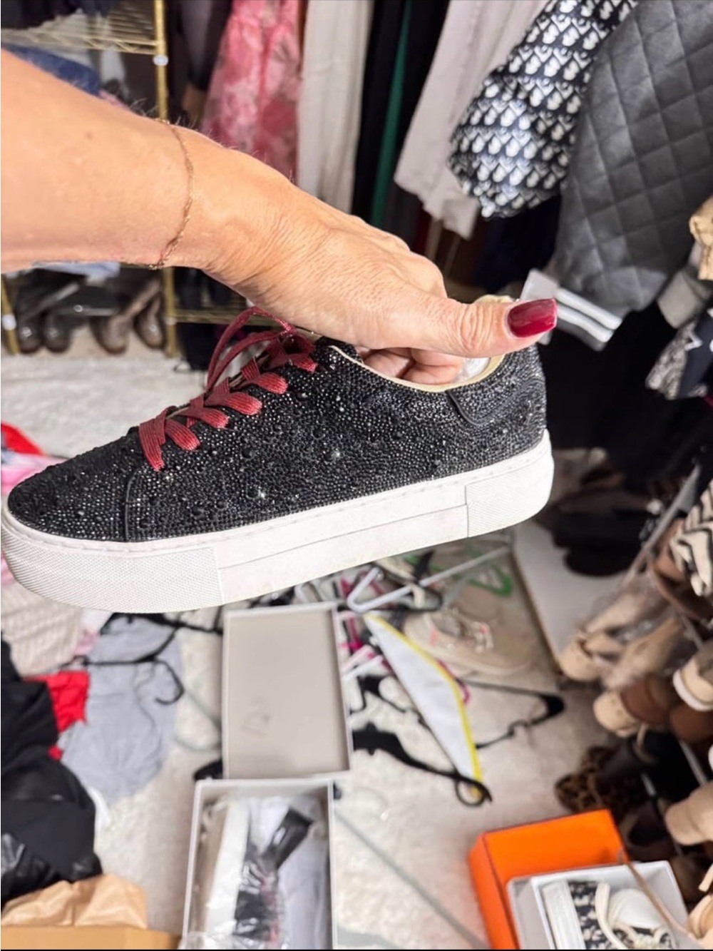Black and White Low-Top Lace-Up Sneakers with Red Accents